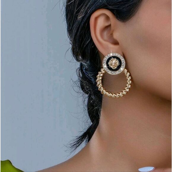 BLACK & GOLD LION DOORKNOCKER  DROP EARRINGS DESIGNER INSPIRED - Picture 6 of 6